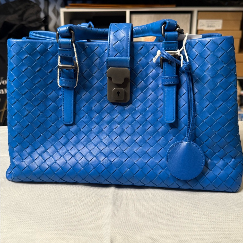 Bottega Veneta Roma Blue Woven Leather Tote Bag